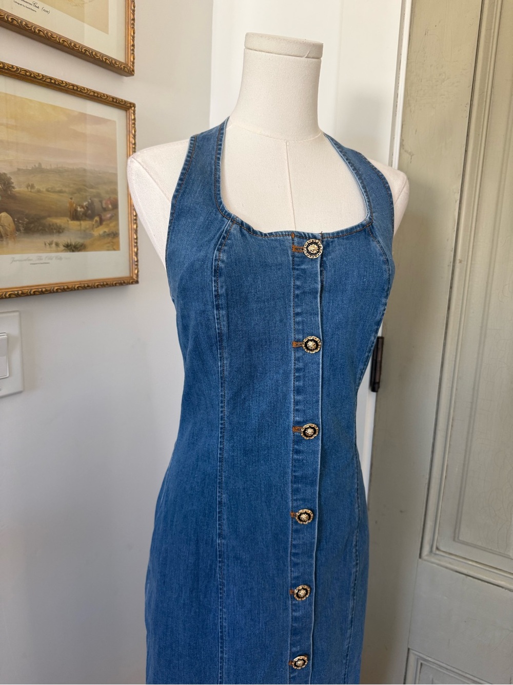 NWT Commense Cotton Denim Midi Halter Button Down Dress - Picture 4 of 8
